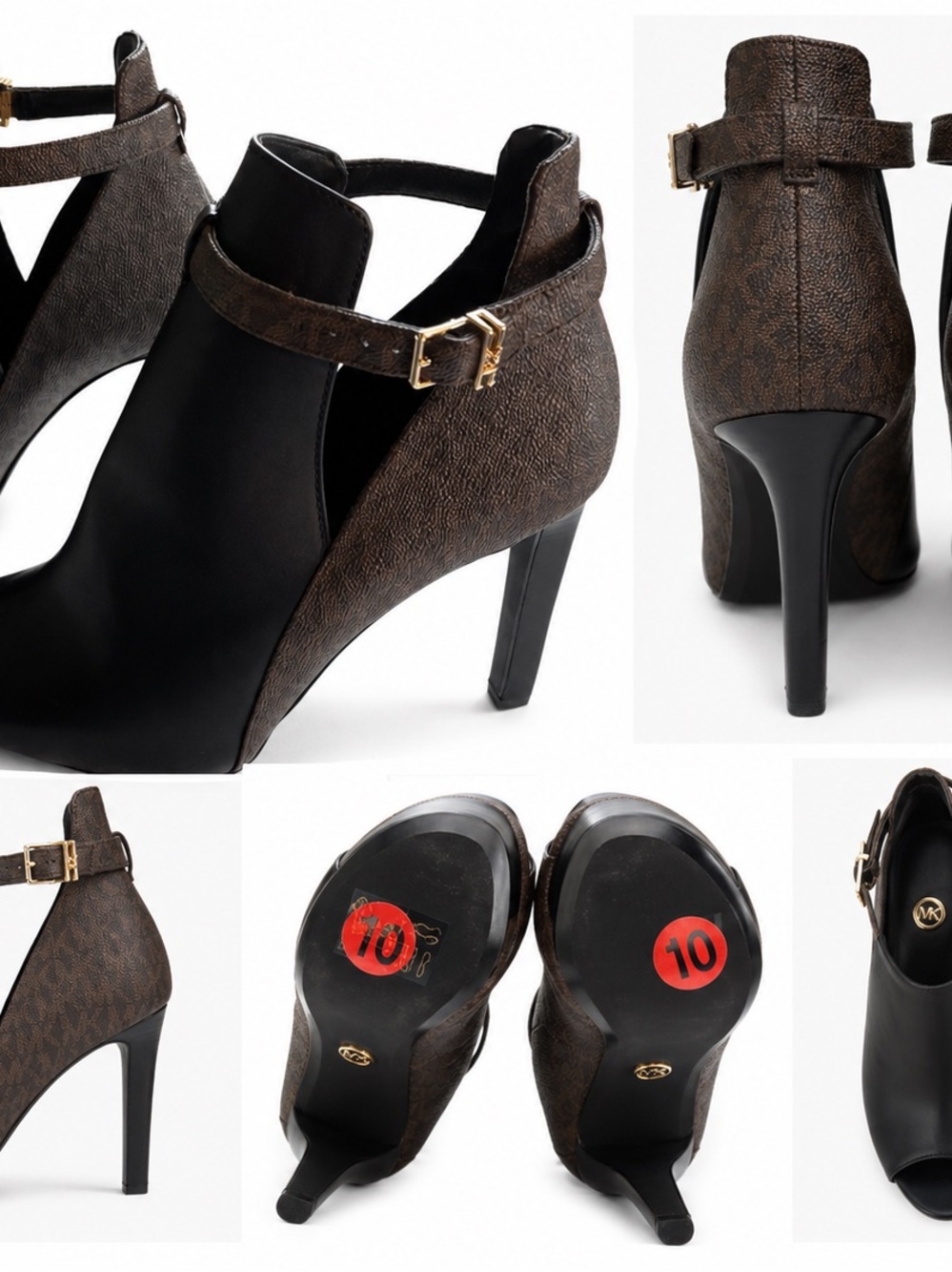 Michael Kors Black and Brown Cutout Heel Booties with Gold Buckle